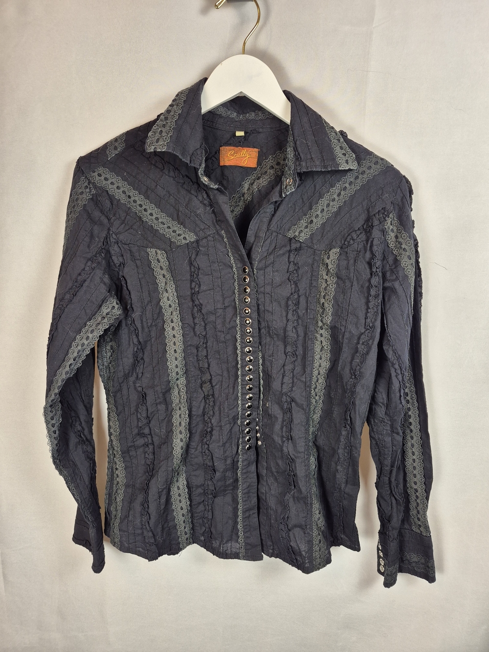 Scully Black Snap Button-Front Lace-Trim Shirt Size M